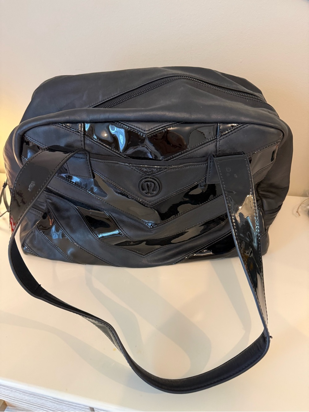 lululemon athletica Black Patent Chevron Shoulder Bag with Glossy Accents